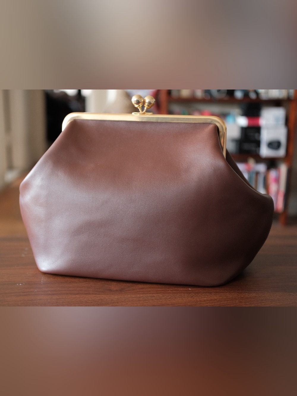 Coach large Brown Leather Kiss-Lock Clutch with Gold Frame